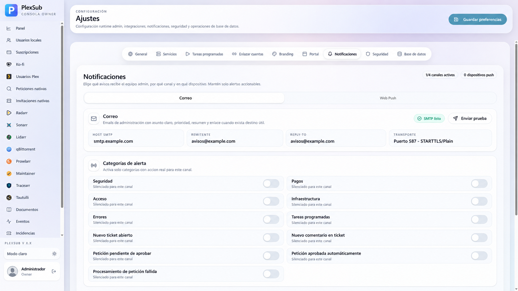 Configuración de correo y categorías de aviso en una instancia de ejemplo